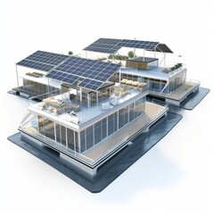 Poster - 3D Render of a Floating University with Amphibious Classrooms and Solar Panels, on isolated white background, Generative AI