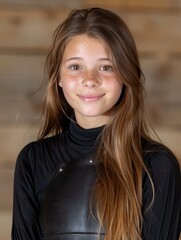 Wall Mural - Smiling young woman with long brown hair and freckles