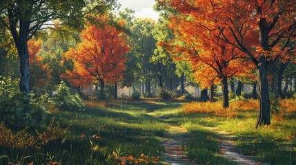  A serene countryside landscape with a winding path through a forest of green trees turning vibrant shades of orange and red in autumn