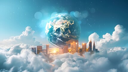 Wall Mural - The essence of global business with a 3D Earth globe floating above a city with glowing buildings and surrounded by clouds on a blue background