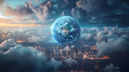 Wall Mural - A rendering of the Earth seen from space, floating above a cityscape with glowing buildings and surrounded by clouds to represent global technology