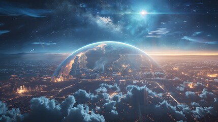 Wall Mural - A rendering of the Earth seen from space, floating above a cityscape with glowing buildings and surrounded by clouds to represent global technology