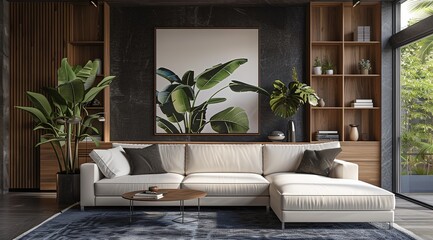 Elegant Living Room with Large White L-Shaped Sofa with Dark Blue Accents and Navy Rug, Featuring a Black Framed Painting of Green Cacti, Floor-to-Ceiling Windows Providing Natural Light, Sleek Wooden