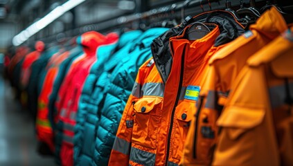 Wall Mural - Row of Bright Orange Safety Jackets