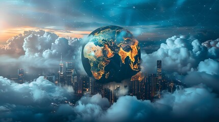 Wall Mural - A scene of the Earth floating above a city with glowing skyscrapers, surrounded by clouds to symbolize global connectivity on a blue background