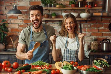 Excited cheerful young couple cooking healthy salad