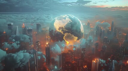 Wall Mural - Global business connectivity with a 3D Earth globe floating above a cityscape with glowing buildings and surrounded by clouds