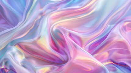 Wall Mural - Iridescent fabric background showcasing a pastel colorful spectrum of liquid flow, with soft, luminous colors blending seamlessly together to create a tranquil and serene atmosphere.