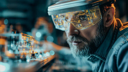 Poster - Designers wearing augmented reality glasses, creating and manipulating 3D models in a modern workspace, digital elements integrated into physical surroundings, sleek high-tech atmosphere.