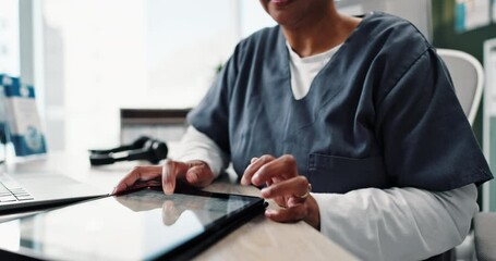 Poster - Nurse, typing and tablet for prescription in office, medical report or website for feedback with Telehealth. Tech, hand and healthcare professional for results, email or female person for medicare