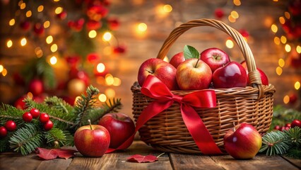 Vibrant red apples spilling out of a wicker basket, adorned with a beautiful ribbon, amidst festive holiday decor.