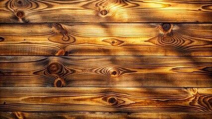 Wall Mural - Natural rustic wooden planks with intricate knots and scratches, warm sunlight casting shadows on its weathered, golden brown surface.