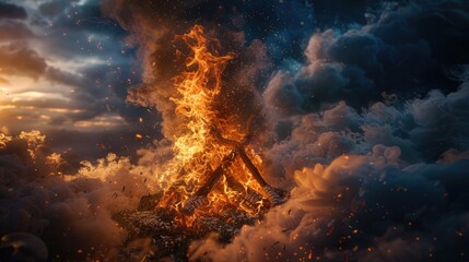 Wall Mural - marvel at the mesmerizing beauty of a roaring bonfire, as flames leap and dance amidst a cloud of sw