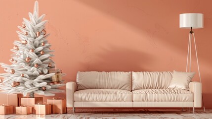 Canvas Print - Minimalist Christmas Decor with White Christmas Tree and Beige Sofa