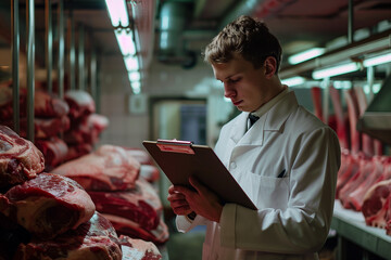 Butcher wearing hardhat taking inventory amidst meat in slaughterhouse