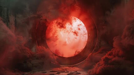 Wall Mural - menacing clouds of smoke billow outward from a circular void, enveloped in a sinister red glow that 