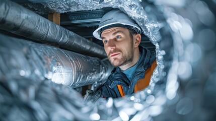 Wall Mural - AC technician replacing duct insulation, realistic photo