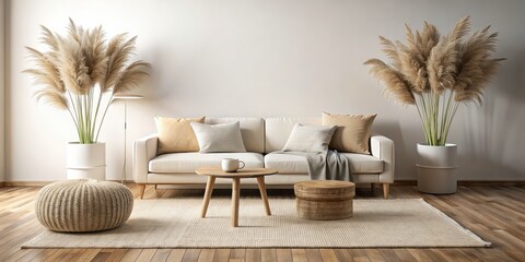 Cream sofa in a minimalistic living room with round rug, pampas grass, and two woven stools, cream sofa