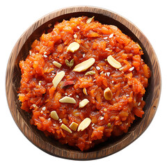 Board and plate of tasty Gajar Halwa with on white background.