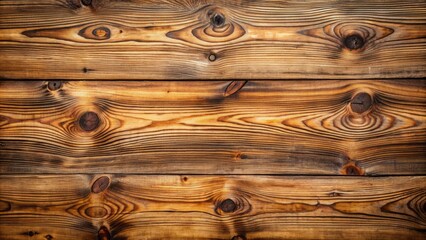 Wall Mural - Rustic wooden plank with prominent natural grain pattern, knots, and cracks, evoking warmth and coziness as a background texture.