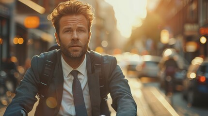 Wall Mural - Businessman promoting a bike-to-work initiative, realistic photography