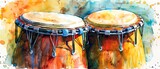 A watercolor depiction of a vibrant conga drum with rich colors
