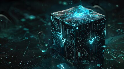 Futuristic Cube with Glowing Circuits