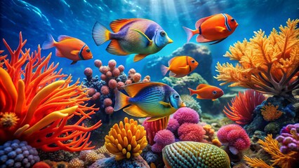 Vibrant orange and blue tropical fish swim together in harmony amidst colorful coral and seaweed in a serene underwater scene.