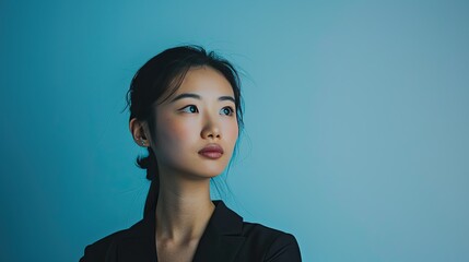 Wall Mural - Portrait of a young Asian executive, confident pose, blue backdrop.