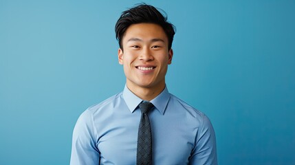 Wall Mural - Professional young Asian man in a dress shirt and tie, standing with a friendly smile, blue backdrop.