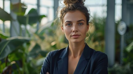 Wall Mural - Businesswoman discussing renewable energy sources, copy space