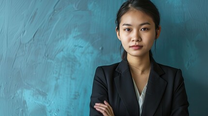 Stylish young Asian executive, looking professional and ready, blue backdrop.