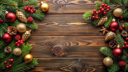 Wall Mural - Elegant holiday decorations and ornaments on a festive Christmas border over dark wood , Christmas, border