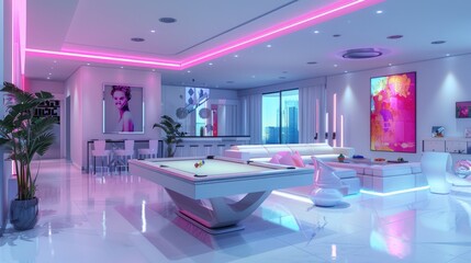 Canvas Print - Modern Luxury Living Room with Pool Table and Neon Lights