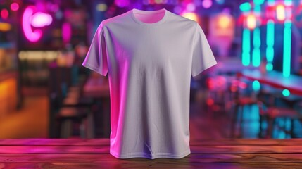 Wall Mural - White T-Shirt Mockup with Neon Lights in Bar