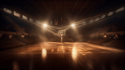 The empty  basketball stadium is bathed in the soft glow from these lights, highlighting every detail on the wooden floor.