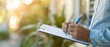 © KanitChurem - Person writing on clipboard with pen in outdoor setting, close-up shot, wearing a long-sleeve shirt. Bright and natural background.