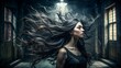 © DigitalArt Max - Chaotic tendrils of dark hair swirl around an empty, dimly lit space, evoking elegance and sensuality in a beautiful, abandoned moment.