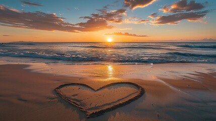Wall Mural - a heart shape drawn in the sand on a beach at sunset, with the sun setting over the ocean waves in t