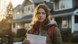 © tashechka - A young woman stands in front of a house, holding a document and wearing a backpack, looking directly at the camera.