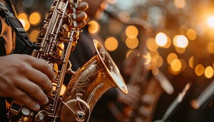 Closeup of saxophone in hands.