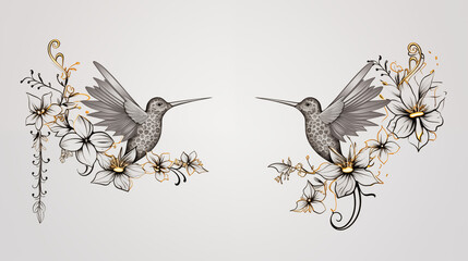 Black and gold jewelry hummingbirds on gray background decorated with plants. Jewelry birds. Hand drawn vector art