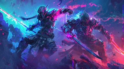 Wall Mural - Two Armored Warriors in Dynamic Poses with Futuristic elements, Vibrant Digital Art