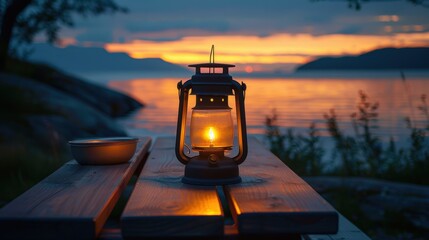 Wall Mural - A glowing lantern on a picnic table beside a lake, with a beautiful sunset creating a serene evening atmosphere.