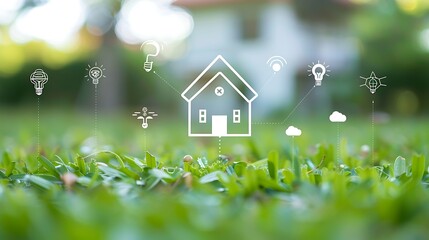 Poster - Green plants with smart home holographic icon for futuristic real estate investment or property development technology concept.