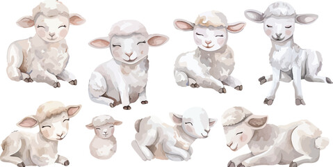 Whimsical Watercolor Illustration of Adorable Little Sheep in Various Standing and Lying Poses, Perfect for Artistic and Design Projects