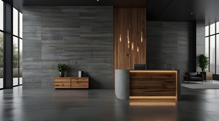 Modern lobby with a wooden reception desk minimalist design gray stone walls and large window.generative.ai