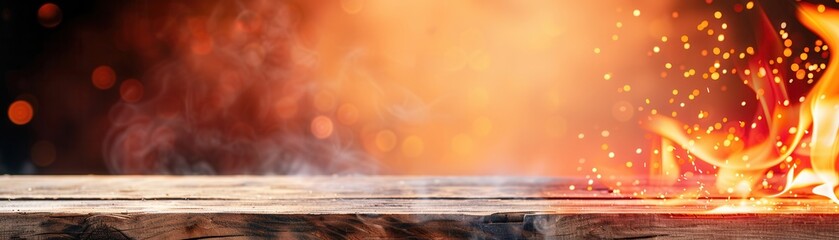 Sticker - Wooden Table With Fire And Smoke Background.