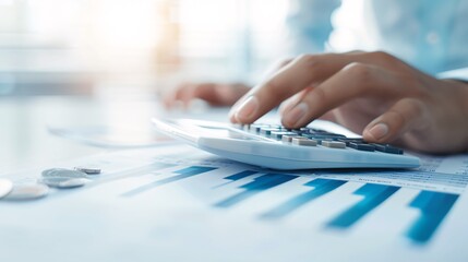 Poster - a close-up shot of a financial advisor's hand using a calculator amidst financial documents, emphasi