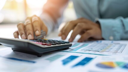 Poster - A close-up shot of a financial advisor's hand using a calculator amidst financial documents, emphasizing wealth management and strategy, with plenty of copy space.